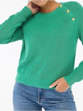 J. Crew Kelly Green Ribbed Crewneck Sweater with Gold Buttons